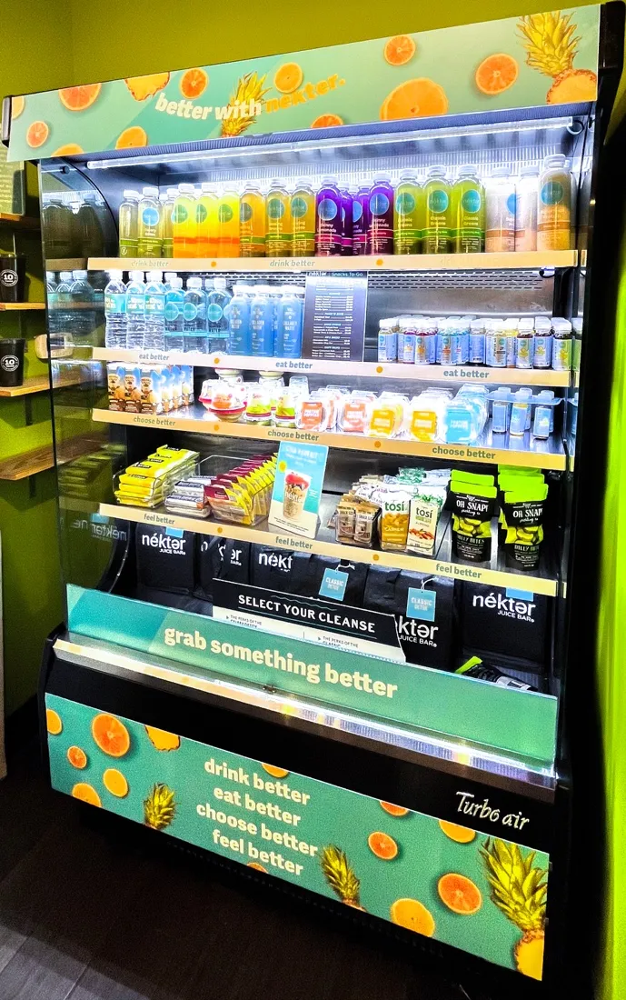 Nekter Juice Bar point of purchase counter display fabricated by VE Signs