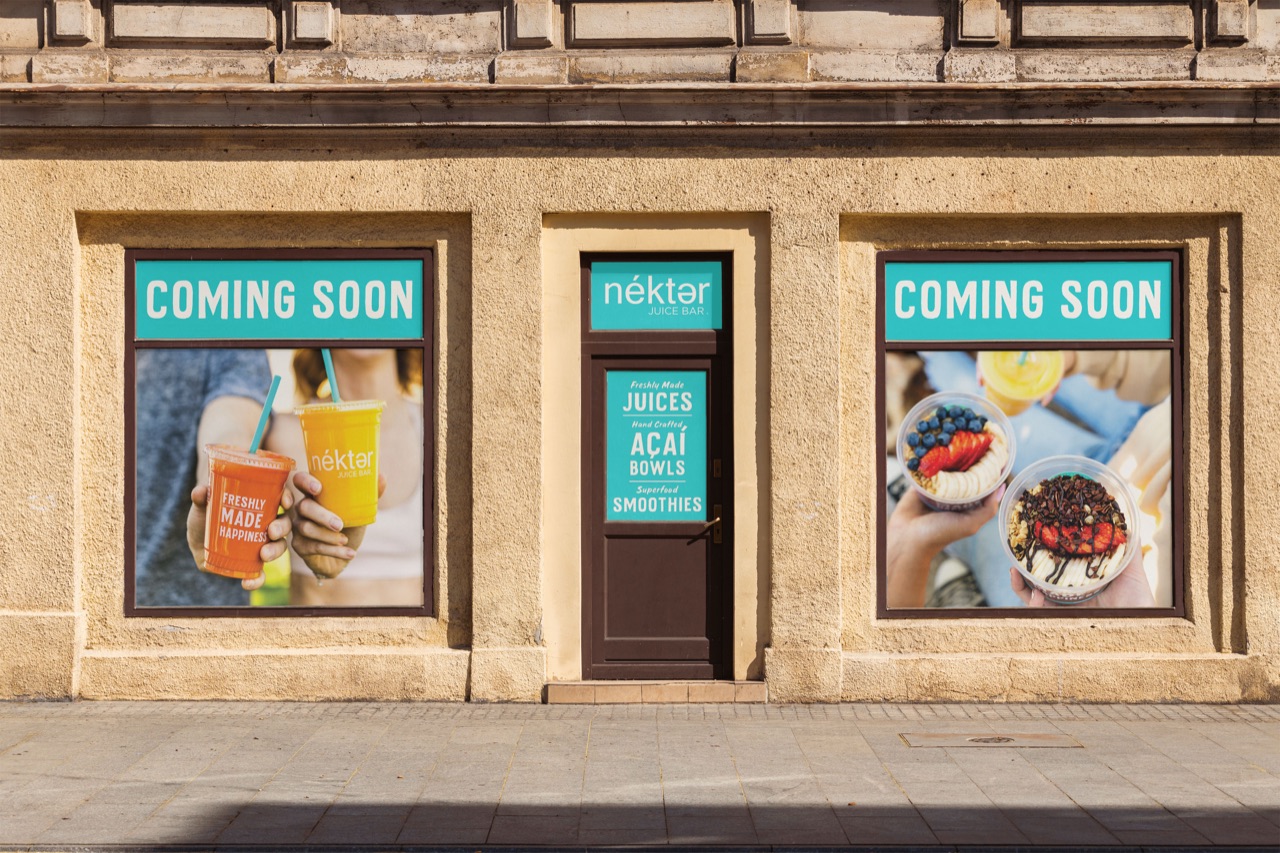 Printed window graphics on a retail storefront